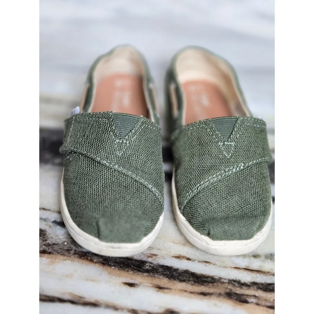 TOMS Kids Bimini Olive Green Canvas Slip On Boat Shoes‎ Hook Loop Size 10